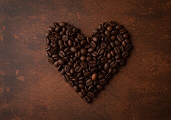 A conceptual image of a heart shape crafted entirely from dark roasted coffee beans resting on a rustic brown textured background ,passion ,romance ,seed