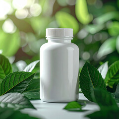 White supplement bottle surrounded by green leaves, health and medicine concept, mock-up