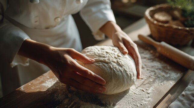Chef hands kneading fresh dough on a flour-dusted wooden surface, preparing the bread