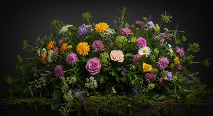 A lush, rustic, and colorful floral arrangement featuring wild blooms and abundant green foliage, celebrating organic seasonal beauty, natural, wildflower, posy