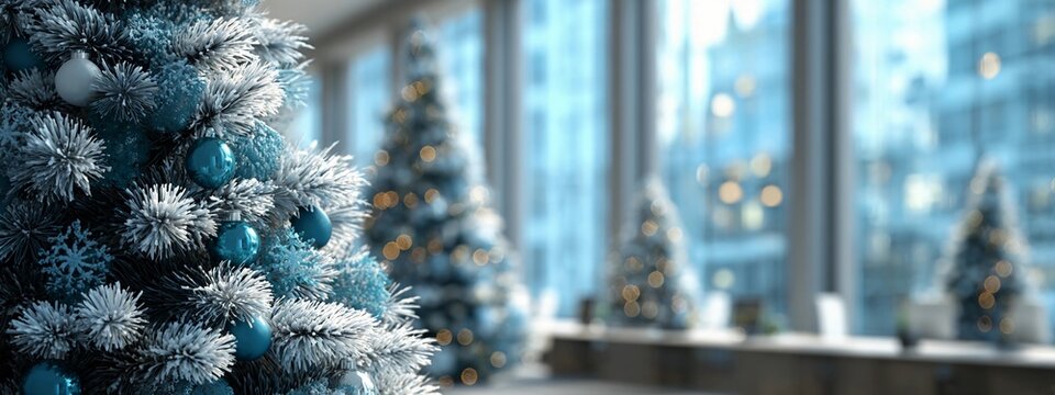 Christmas trees with blue ornaments in an office building