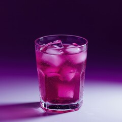 A refreshing glass filled with a bright purple liquid served over ice cubes, perfect for a summer refreshment or a celebratory mixed cocktail offering, cocktail, beverage, studio shot