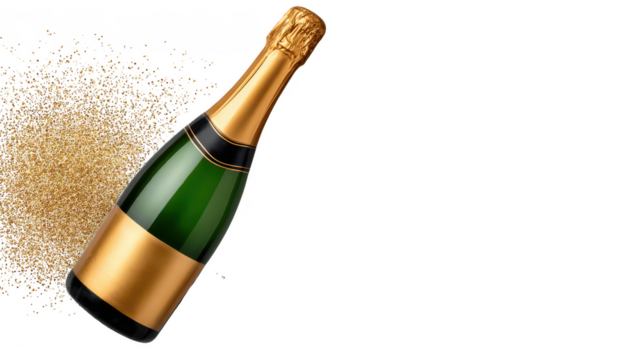 Celebratory champagne bottle popping with golden glitter festive environment high angle view