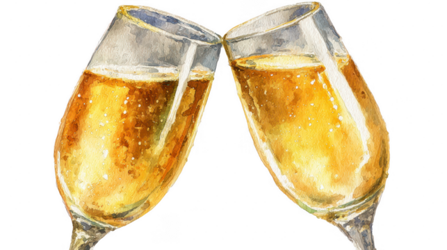 Champagne glasses toast at celebration party watercolor clipart element festive environment artistic viewpoint