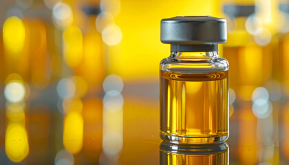 Glass vial with liquid vaccine, laboratory and vaccination theme, sterile and clinical presentation.