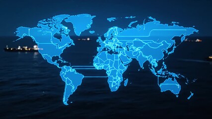 Digital Blue World Map Overlaying Ocean with Ships Illustrating Global Connectivity International Logistics and Technological Network Across Continents at Night - Powered by Adobe