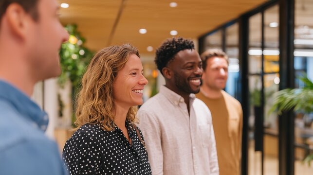 Group of multicultural colleagues smiling and engaged in conversation, dressed in casual attire, standing together in a modern office environment with greenery and natural light