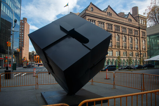 Alamo cube scuplture and the historic buildings facades in Astor Place, NOHO, Manhattan,  New York City, USA