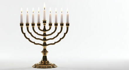 Fototapeta premium Illuminated menorah with nine candles on a plain white background