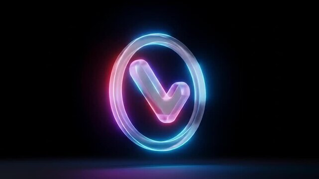 Glowing neon checkmark icon in a circle on a black background, a symbol of approval and validation