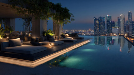 Fototapeta premium Luxurious evening by the infinity pool with city skyline view