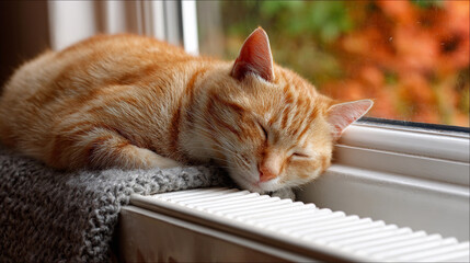 Ginger cat sleeping peacefully on a windowsill in autumn
