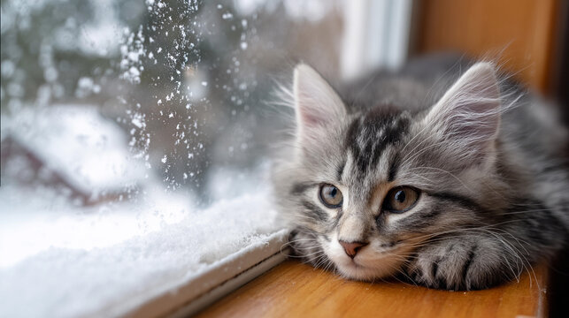 Cute cat relaxing by the window during a snowy day