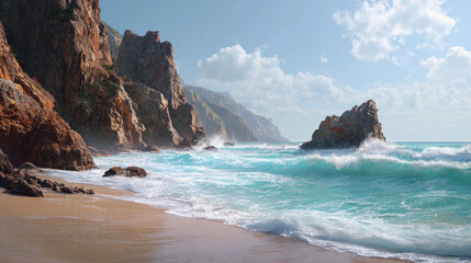 Waves crashing against rocky cliffs on a sunny beach day
