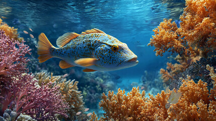 Naklejka premium Colorful fish swimming among vibrant coral reefs in clear water
