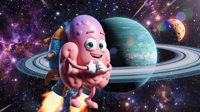 Cartoon brain character in space adventure with planets and rocket