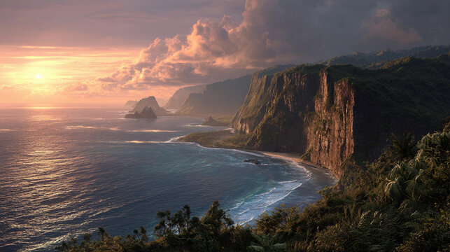 Sunset over rugged cliffs and ocean waves along the secluded coast - Powered by Adobe