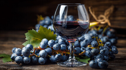 Glass of red wine beside fresh grapes on a wooden surface
