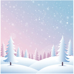 Obraz premium Beautiful flat vector illustration of a peaceful winter wonderland landscape featuring snow-covered rolling hills and sparse pastel pine trees beneath shining stars.