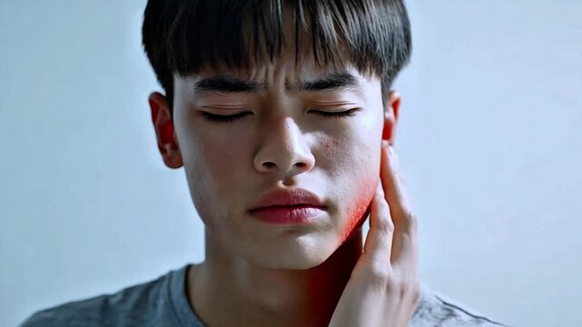 Young man suffering from intense facial pain headache or severe toothache with digital red overlay indicating inflammation and discomfort