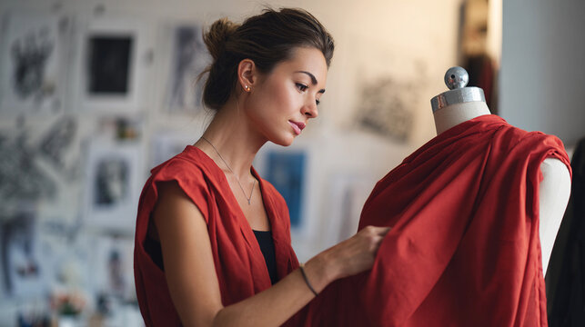 Fashion designer working on dress in studio setting