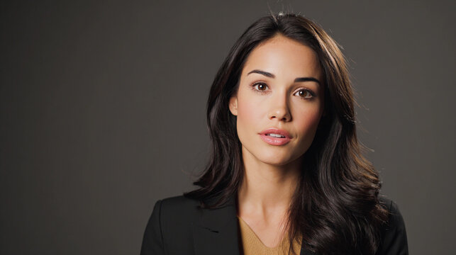 Confident woman speaking directly to the camera in a studio setting