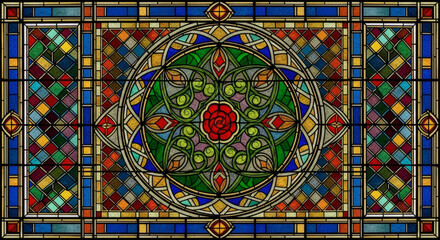 Ornate stained glass window featuring a central floral medallion
