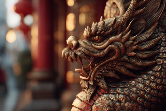 Intricate golden dragon statue at temple during Lunar New Year