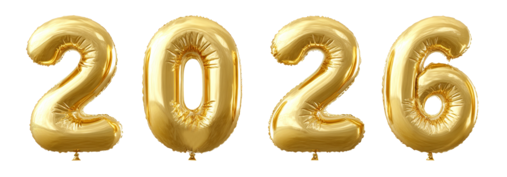 new year's lettering and text with balloons cutout isolated on background