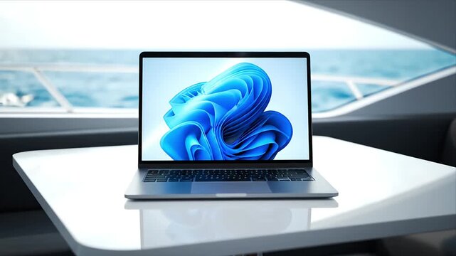 Modern laptop with Windows 11 desktop on a sleek white table inside a luxurious boat cabin overlooking the calm blue sea and clear sky perfect for remote work