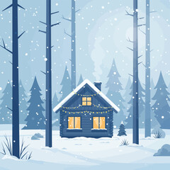A cozy wooden cabin stands in a minimal flat winter landscape surrounded by pine trees, featuring falling snow, soft blue and white tones, and warm, magical Christmas lights.