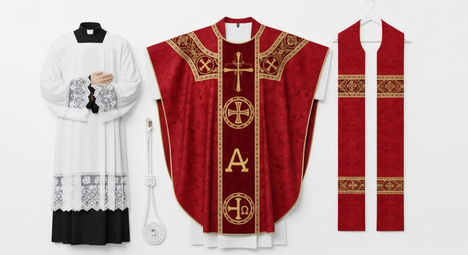 Catholic priest vestments including alb chasuble and stole on display
