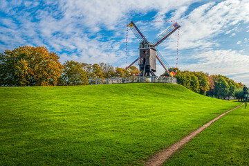 Landscape with famous historic windmill in Bruges, Belgium