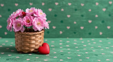 Charming woven basket holding delicate pink blooms and a tiny red heart against a distressed green surface patterned with small pink hearts ,summer, spring, affection