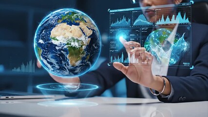 Business professional analyzing global data with futuristic holographic Earth and interactive digital charts Exploring big data insights technological innovation - Powered by Adobe
