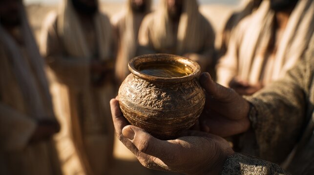 Close-up in ancient Mecca, weathered hands hold ornate clay pot filled with perfume, sacred scent in timeless detail.