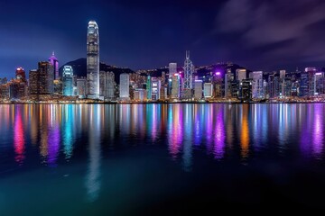 Fototapeta premium City skyline illuminated at night with colorful reflections in the water
