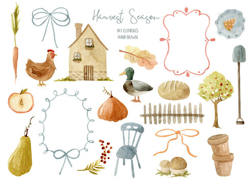 Hand-painted watercolor clipart set featuring autumn farmhouse elements such as house, duck, chicken, pumpkins, fruits, bread, tree and garden tools. Rustic countryside design. 