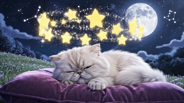 Cat sleeping under stars and moon on pillow night sky dream illustration