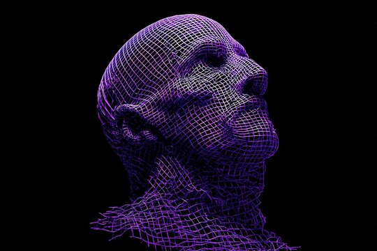 Futuristic digital sculpture of a human head in intricate purple wireframe architecture illustrating advanced computational design and human emotion through artificial intelligence