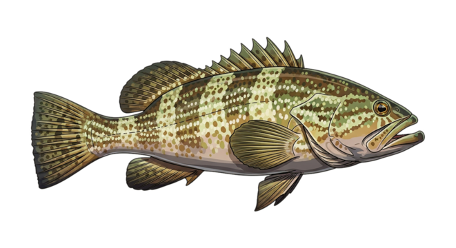 Detailed illustration of a grouper fish on a black background