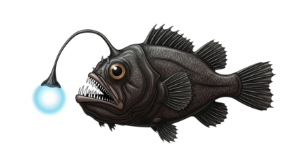 Deep sea anglerfish with glowing lure on black background