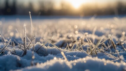 Close up of frosted grass with a bright sun in the background serene winter scene