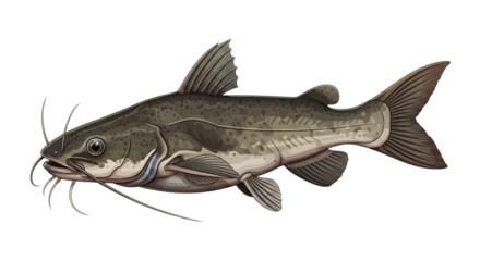 Detailed illustration of a channel catfish on a black background