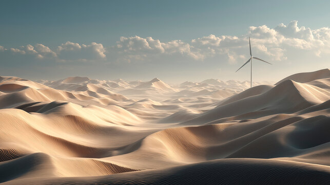 A wind turbine standing among smooth desert dunes illustrating the concept of clean and independent renewable energy generation for green energy solutions. - Powered by Adobe