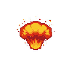 Fototapeta premium Pixel explosion icon in bright colors with orange and yellow hues, transparent background, vector