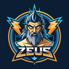 Mascot logo of zeus god of lightning with thunderbolt symbol