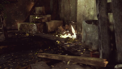 Sunlight filters through a dusty window in a forgotten room filled with old bricks and scattered leaves. The atmosphere feels eerie yet tranquil, capturing the essence of time standing still.