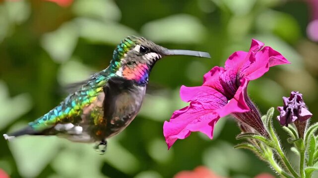 Hummingbird feeding on vibrant flower in a colorful garden during bright afternoon sunlight