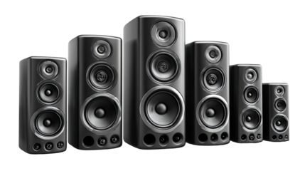 Harmony of Sound: A collection of sleek, black loudspeakers stand in perfect unison. A visual symphony, representing the core essence of audio innovation.